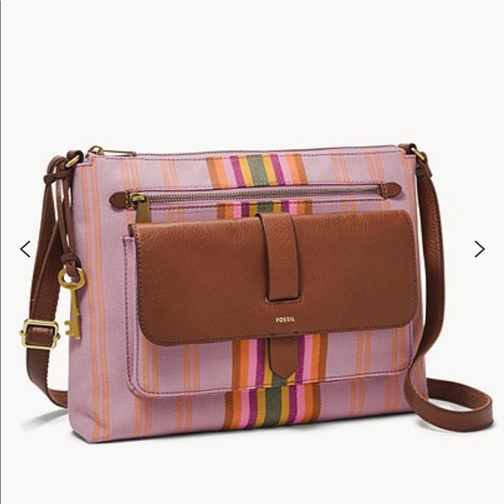 Fossil Pink Multi-Stripe Crossbody with Brown Leather Flap